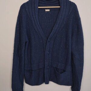 Blue Speckled Wool Knit Cardigan Shawl Collar Button Front Men's